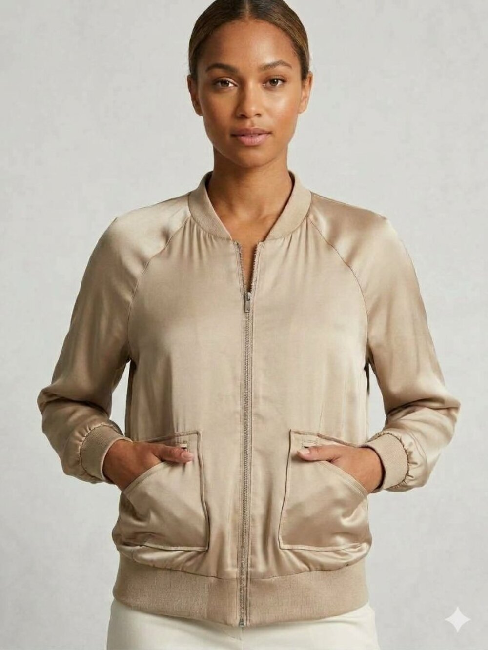 Ashley by 26 International Silk Blend Bomber Jacket Tan Beige Neutral XL
